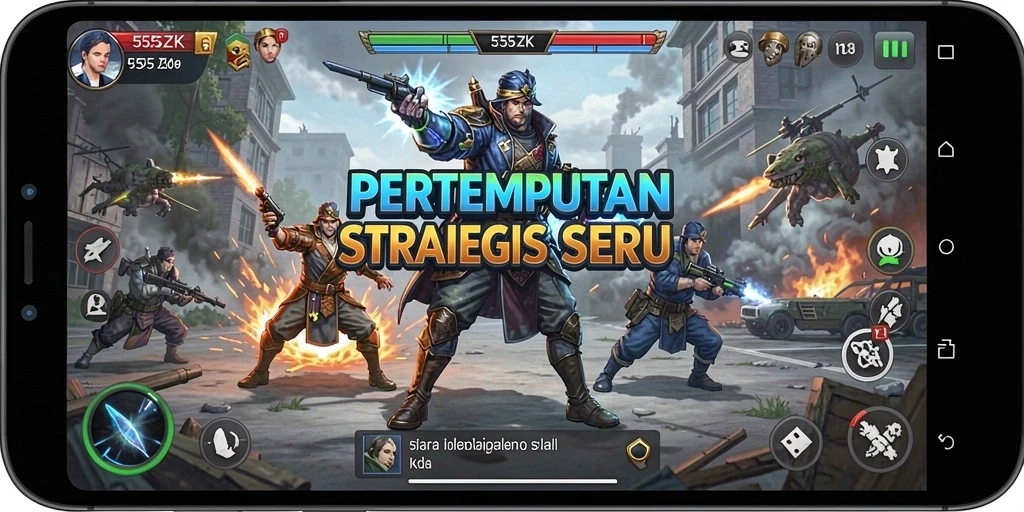 Tampilan gameplay epik di 555ZK dengan strategi pertempuran yang intens.