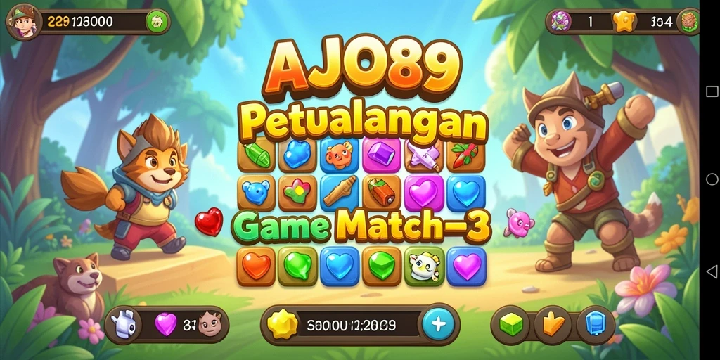 Tangkapan layar utama AJO89 menampilkan aksi seru mencocokkan permata.