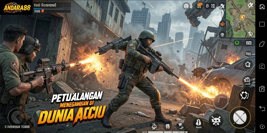 Screenshot utama ANDARA88 menampilkan aksi pertempuran yang seru.