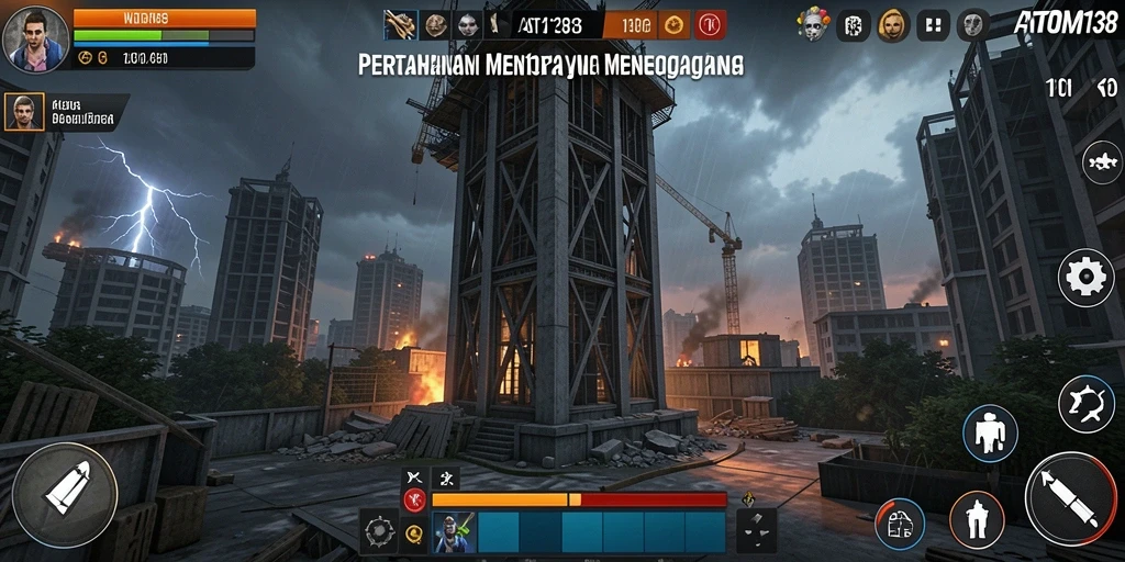 Tampilan gameplay menakjubkan di ATOM138 dengan menara dan musuh yang mendebarkan.