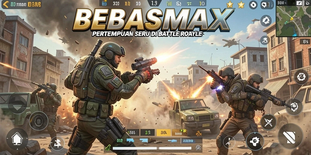 Tangkapan layar BEBASMAX menampilkan aksi pertempuran intens di arena Battle Royale.