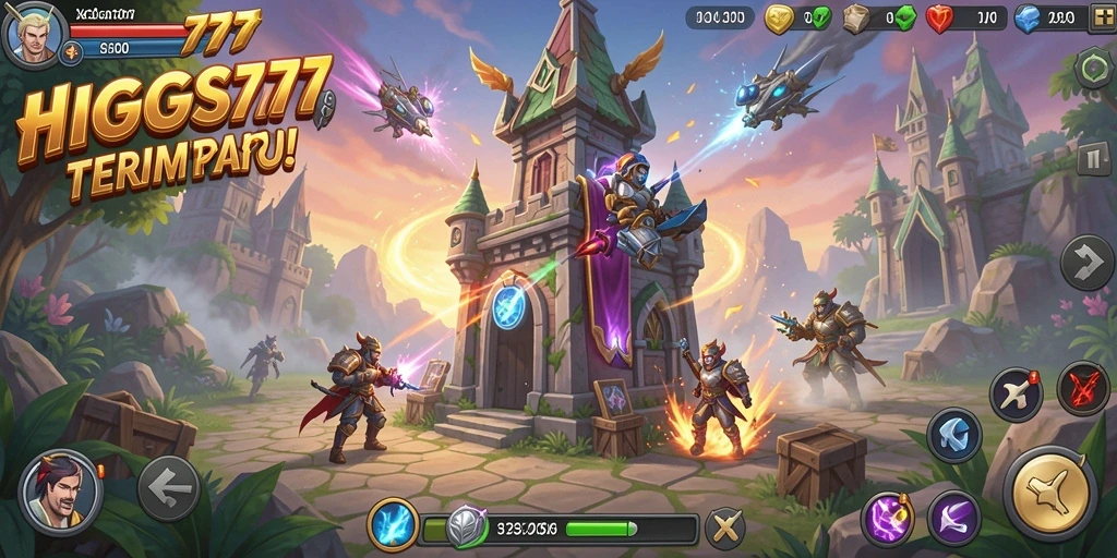Tangkapan layar menunjukkan gameplay HIGGS777 dengan menara dan musuh yang dinamis.