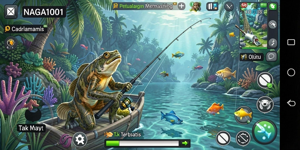 Tampilan gameplay seru di NAGA1001 saat memancing ikan besar.
