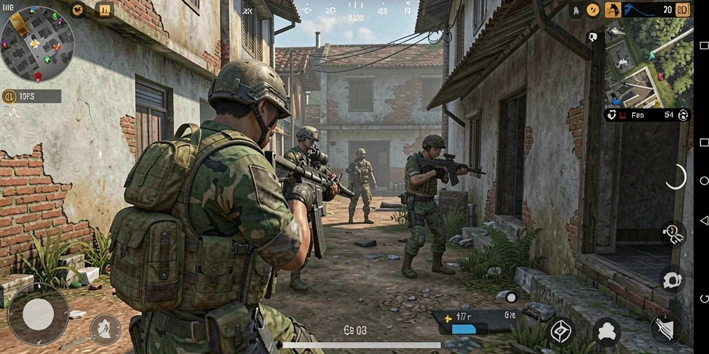 Tangkapan layar OLX128 menunjukkan aksi intens dalam game FPS yang mendebarkan.