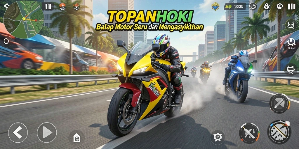 Screenshot gameplay TOPANHOKI menampilkan balapan motor yang mendebarkan.